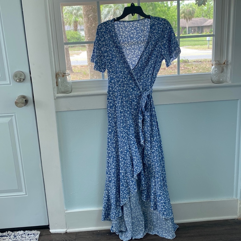 Blue floral wrap dress